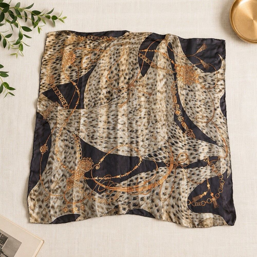 Vintage Silk Scarf Brown Gold Equestrian Chain Tassel Metallic Square 35x35
